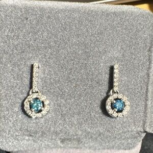 14 K White Gold Diamond and Blue Diamond Earrings